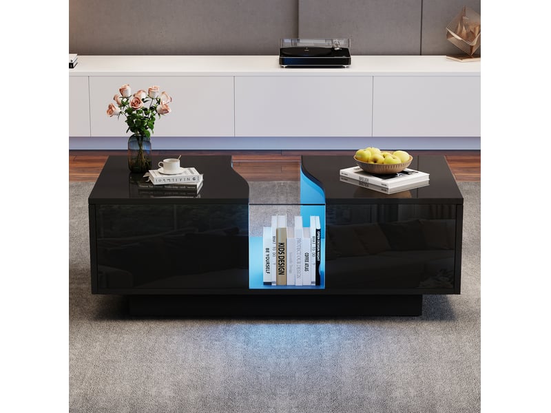  Table basse led 100x50x35 cm noire brillante avec 2 tiroirs et panneau acrylique  - Conforama E
