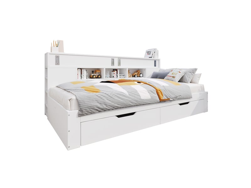  Lit enfant 90x200 cm avec rangement, sommier inclus, mdf blanc  - Conforama A