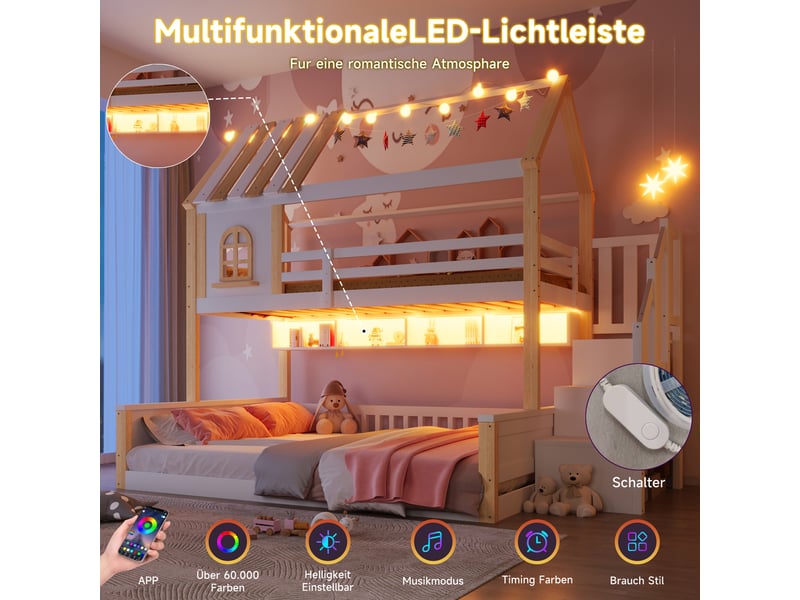  Lit superposé maison blanc et naturel 90/140x200 cm, led, fenêtres et rangements  - Conforama B