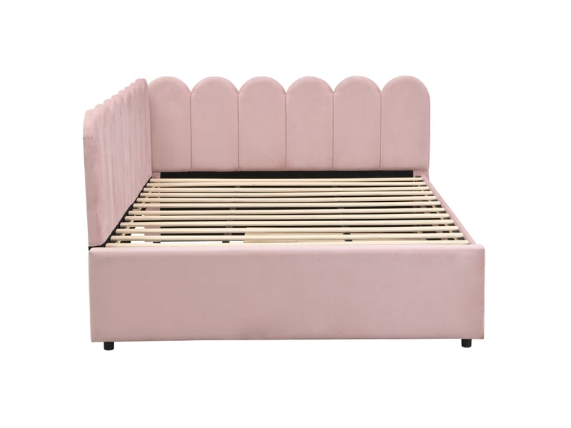  Lit banquette 140x200 cm – rose – lit gigogne à roulettes et dossier capitonné en velours – sans matelas  - Conforama E