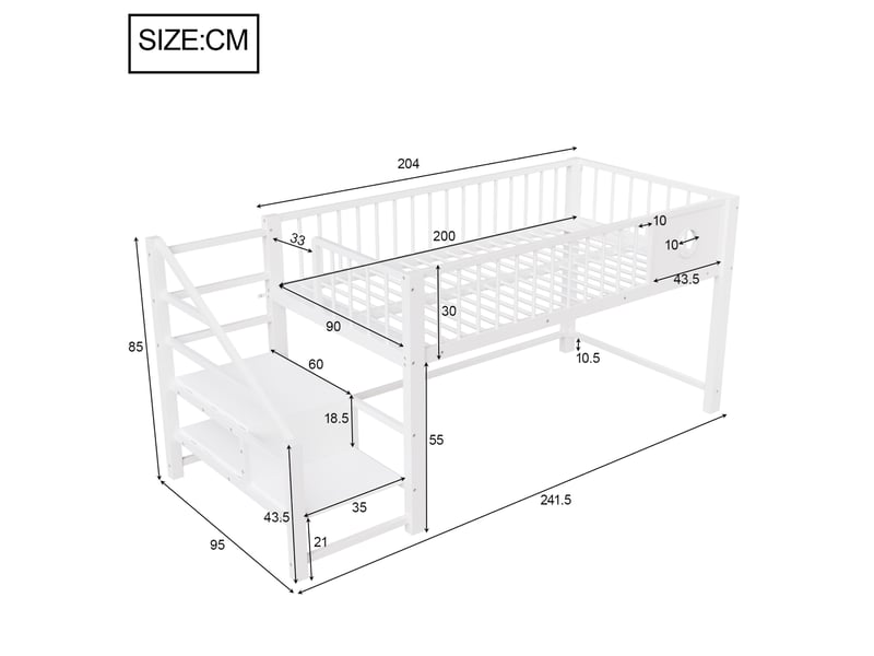  Lit surélevé bas enfant 90 x 200 cm avec escalier de rangement, blanc, métal  - Conforama C
