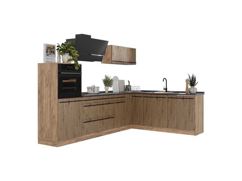  Vicco cuisine en angle, chêne artisanchêne doré, 287 x cm plan de travail marbre  - Conforama E