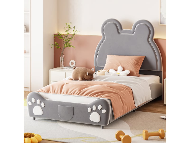  Lit enfant rembourré en forme d’ours 90 x 200 cm, revêtement velours, gris Fay Lum - Conforama D