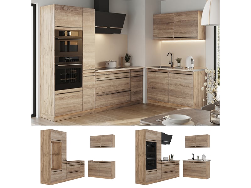  Vicco cuisine en angle, sonomachêne doré, 230 x 120 cm plan de travail marbre  - Conforama D
