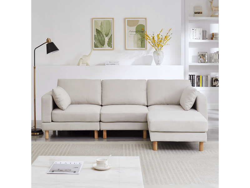  Canapé d'angle modulable 3 places avec pouf, tissu polyester beige, structure bois massif, design nordique moderne pour salon  - Conforama W