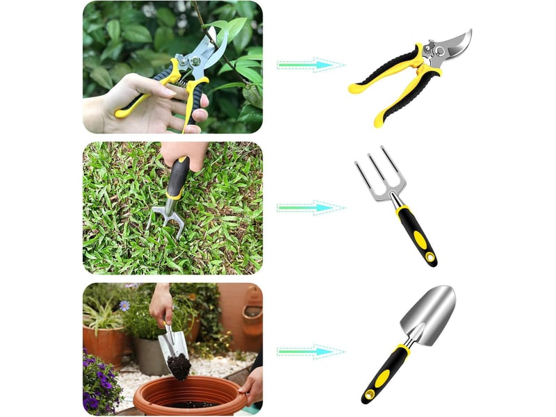 Crochets muraux outils de jardinage, 5 pièces kit outils jardinage adulte en aluminium antirouille, outils de jardin avec sécateur, fourchette, transplanteur, jaune - Conforama C