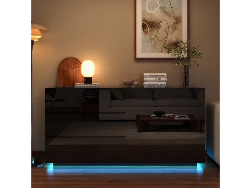  Buffet bas 2 portes 3 tiroirs - 160 x 35 x 76 cm-noir - enfilade design haute brillance avec éclairage led 7 couleurs et push-open  - Conforama E