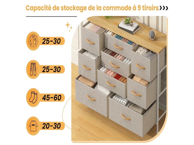  Chiffonnier neuf tiroirs tissu meuble de rangement 76 cm blanc beige moderne  - Conforama D