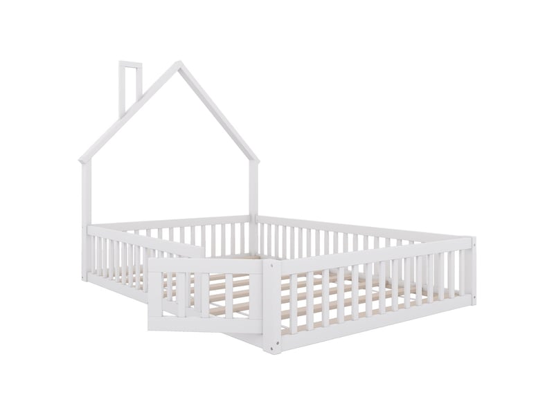  Lit cabane enfant 140x200cm design cheminée sommier inclus - lit enfant - bois de pin blanc, barrière sécurité anti-chute  - Conforama E