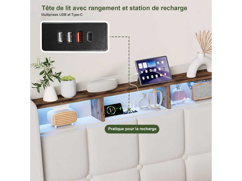  Lit adulte coffre 140x190 cm avec rangement intégré et tête de lit à ailes, lit 2 places avec niche de rangement, tissu lin beige, sans matelas  - Conforama R
