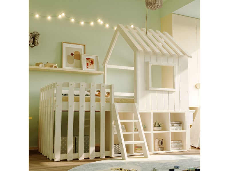  Lit enfant maison 90x200 blanc, bois massif, toit et fenêtre, rangement ouvert, échelle, sans matelas.  - Conforama C