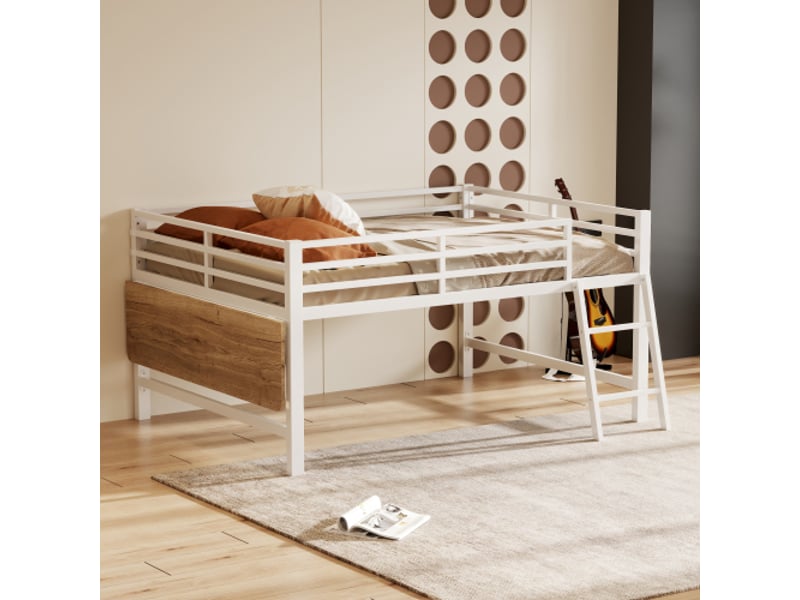  Lit mezzanine 140x200 cm coloris blanc led métal lit enfant blanc - Conforama E