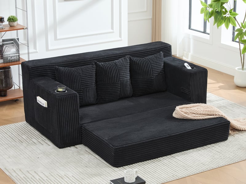  Canape droit 3 places, sans structure rigide en velours côtelé, porte-gobelets et poches, 172 × 87 × 64 cm, noir YXY-0915-1 - Conforama B