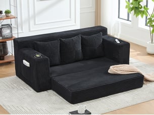 Canape droit 3 places, sans structure rigide en velours côtelé, porte-gobelets et poches, 172 × 87 × 64 cm, noir