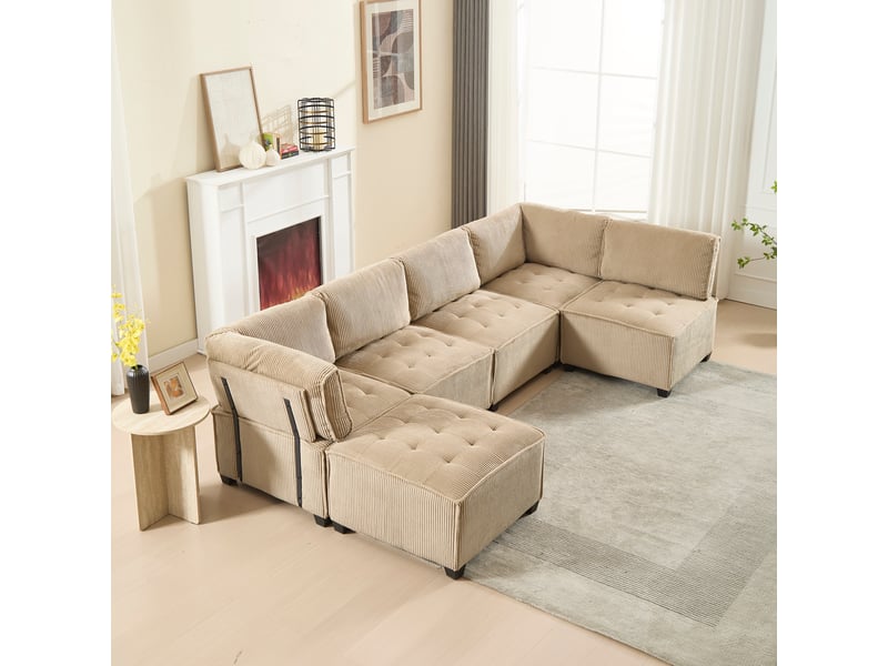  Canapé modulable convertible 6 places en velours côtelé kaki - 308 x 154 x 81,99 cm  - Conforama D
