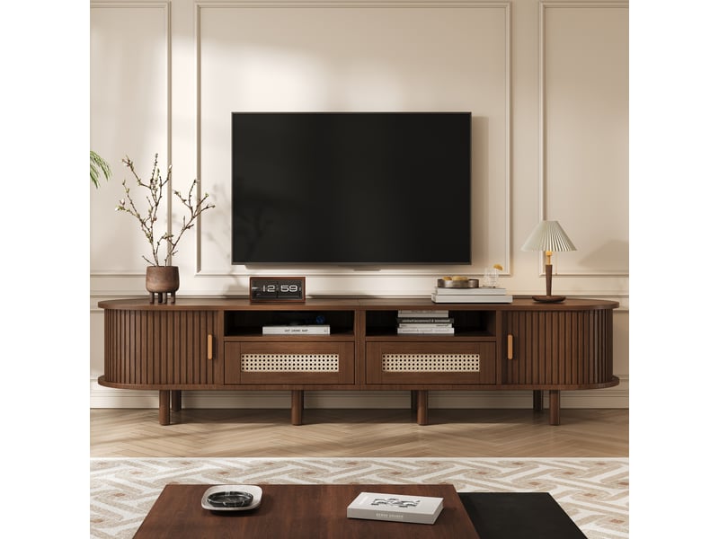 Meuble tv avec 2 tiroirs et 2 portes coulissantes, style vintage, pour salon, 170 × 40 × 40 cm, en mdf, métal et bois, noyer foncé  - Conforama B