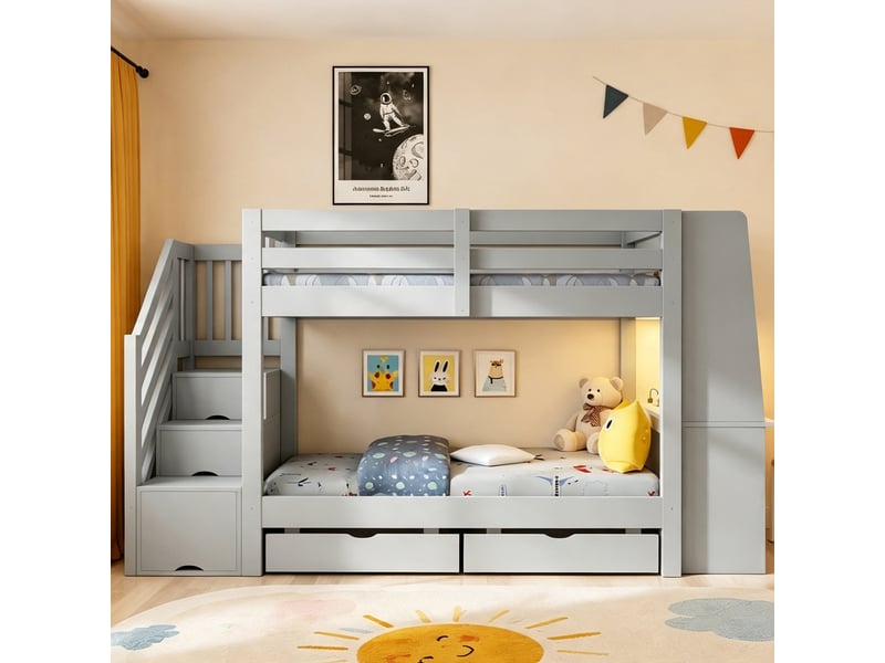 Lit superposé enfant en bois 90x200 cm avec bureau, escalier avec rangements, tiroirs, led et prise électrique, pour adolescent - gris - Conforama D