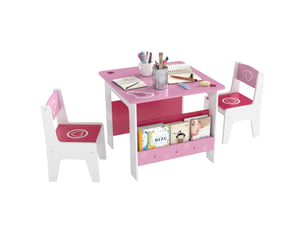 Ensemble table et 2 chaises pour enfants de 3 à 8 ans, table en mdf avec étagère et motif cœur, rose