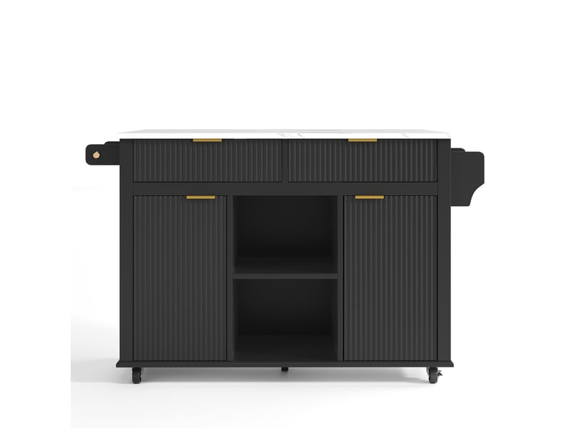  Île de cuisine sur roulettes 143 x 45 cm avec plaque de travail pliante, chariot de cuisine avec 2 tiroirs, 2 portes, étagères à épices et porte-serviettes, placard de cuisine mobile noir  - Conforama A