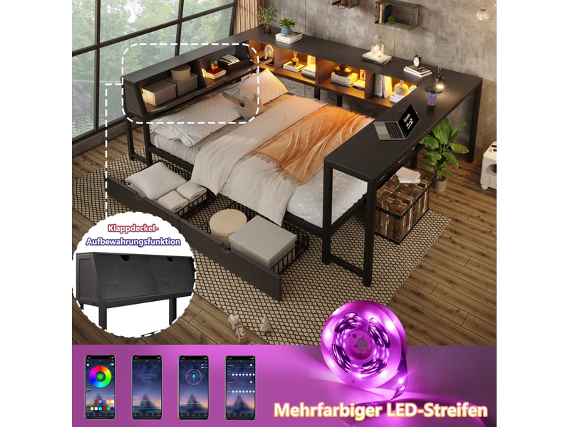 Lit adulte 140x200 cm noir – combiné multifonction avec bureau, rangements et led, style industriel - Conforama E