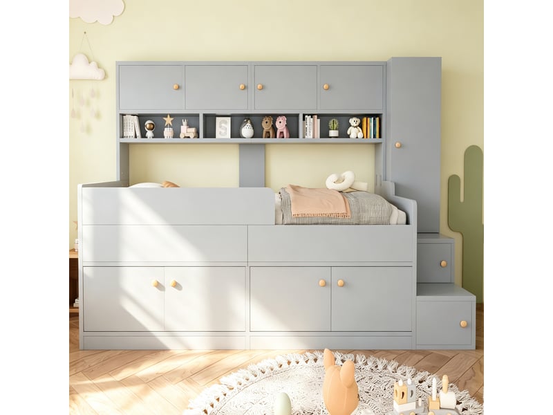 Lit mezzanine enfant 90x200 cm en panneaux de particules, mdf et panneaux multiplis avec rangement et led gris chicfurn - Conforama D