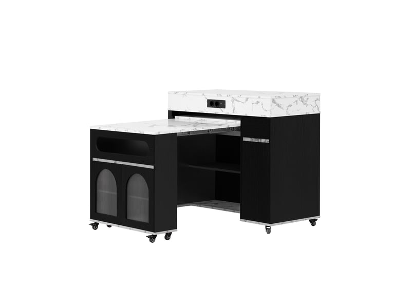  Îlot de cuisine extensible à roulettes avec prises, rangement et tiroir noir  - Conforama A