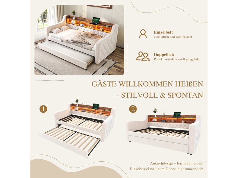  Canapé lit 90x190 cm en velours, lit gigogne capitonné avec coffre de rangement, led, usb-c et tête de lit avec étagère - beige  - Conforama D