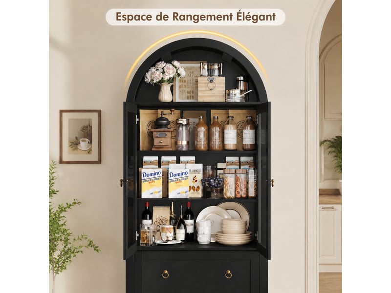  Meuble de cuisine muvano, buffet haut avec portes vitrées, arche noire et 2 tiroirs, 80 × 36 × 170 cm  - Conforama B