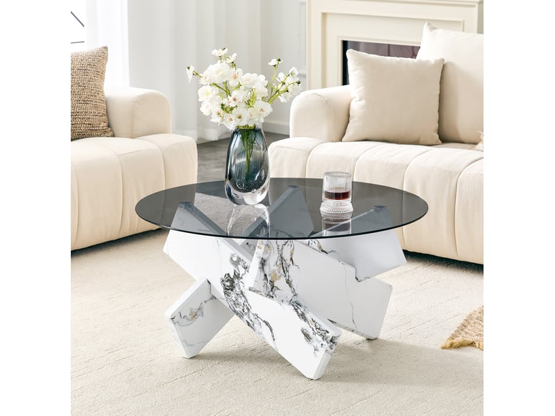  Table basse ronde avec plateau en verre trempé et piètement sculptural, style moderne, en mdf et verre, blanc  - Conforama C