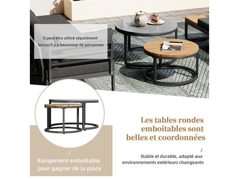  Ensemble de meubles de jardin - 4-5 places assises - 2 tables basses empilables - cadre en fer galvanisé gris - Conforama C