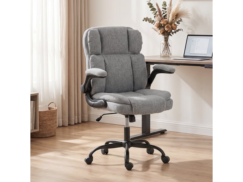  Fauteuil de bureau pivotant avec accoudoirs rabattables, hauteur réglable, inclinable, revêtement en tissu effet lin, gris  - Conforama C