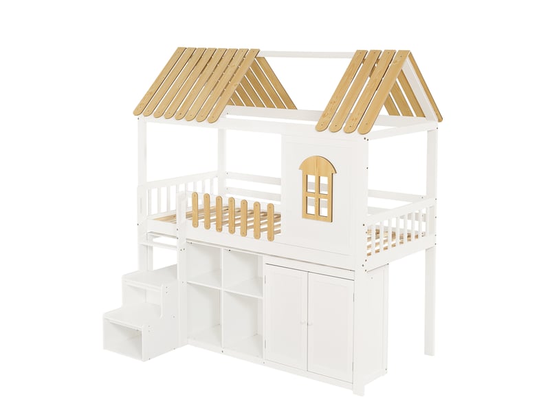  Lit mezzanine enfant 90x200 cm – blanc et naturel – armoire, rangements et toit décoratif – sans matelas  - Conforama D