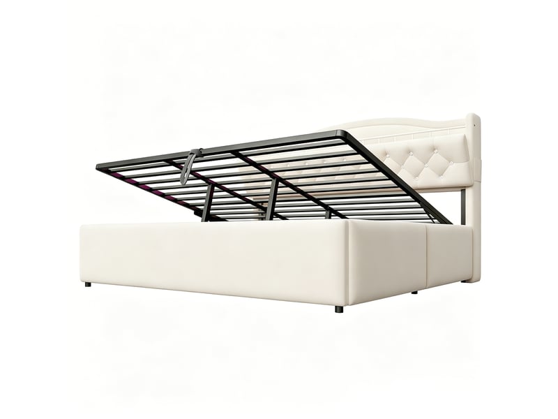 Lit coffre 180x200 cm, lit double, rangement hydraulique, led, velours beige, usb et usb-c - Conforama B