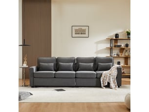 Canapé 4 places - poches latérales - 4 coussins inclus - tissu aspect lin - mobilier de salon - assise confortable - gris foncé