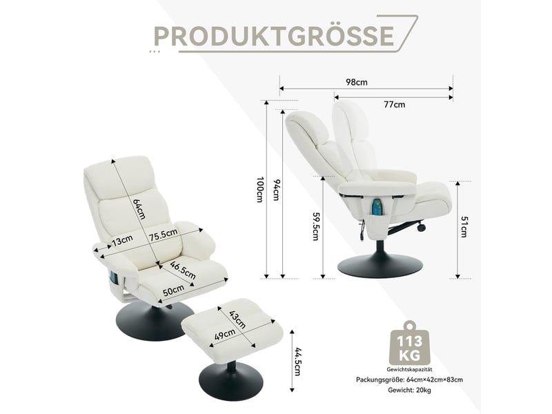  Fauteuil relax massant 77x75,5x100 cm inclinable électrique, fauteuil tv pivotant 360°, repose-pieds, chenille, blanc  - Conforama C