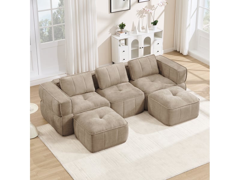  Canapé modulaire en u 3 places avec 2 poufs, assise profonde sans structure rigide en polyester beige sable  - Conforama E