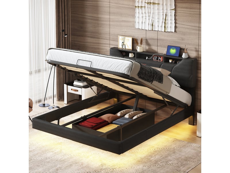 Lit coffre hydraulique 140×200cm, tête de lit pu avec rangement, led et port usb, design flottant, noir  - Conforama D