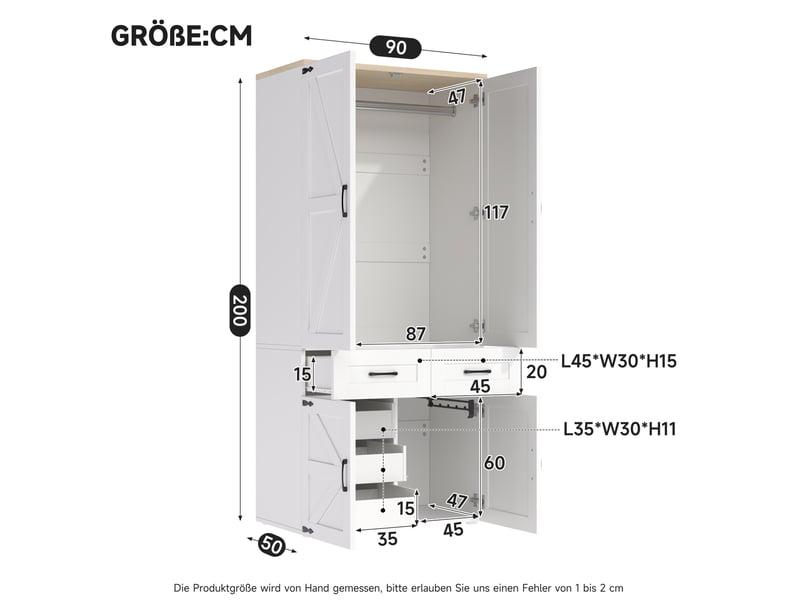 Armoire à portes battantes 90x50x200 cm avec 4 portes, 2 barres et 5 tiroirs, blanche - Conforama C