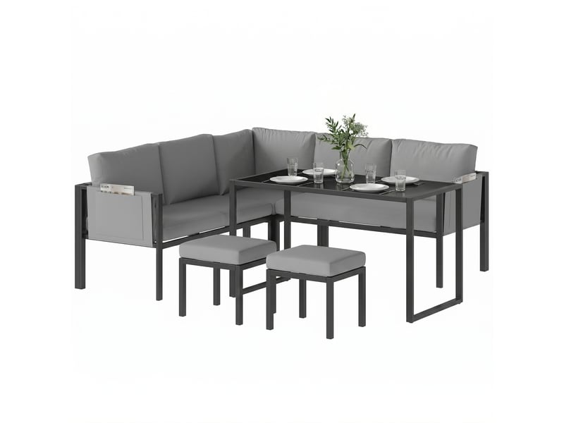  Salon de jardin canapé d'angle extérieur 6 pcs coussins 10cm table haute et 2 repose-pieds gris  - Conforama A