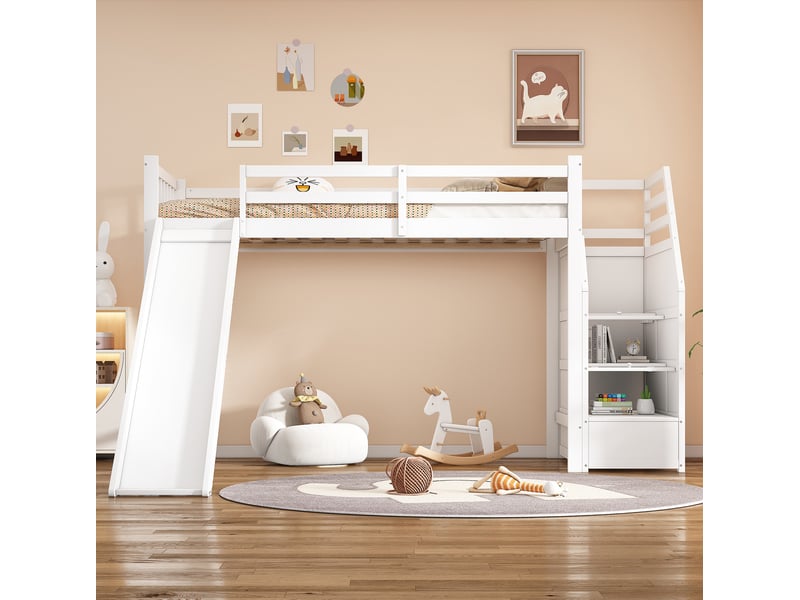  Lit mezzanine enfant 90x200 cm blanc avec toboggan et escalier de rangement  - Conforama B