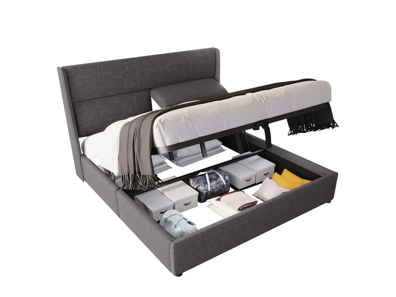  Lit coffre double avec tête de lit réglable 160x200 cm tissu lin gris  - Conforama W