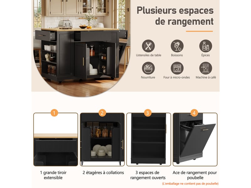 Îlot de cuisine mobile 120 x 50 x 92 cm avec espace poubelle, 2 portes, 3 tiroirs et rangement, noir - Conforama D