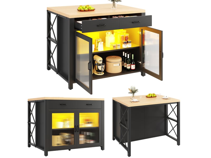  Îlot de cuisine noir avec éclairage led, table de bar avec rangement et porte en verre, plateau texture bois, 100x80x90cm  - Conforama W