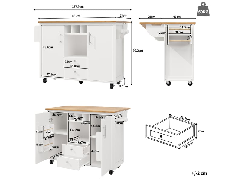 Desserte de cuisine mobile avec 2 tabourets, plateau rabattable et rangement, blanc - Conforama C