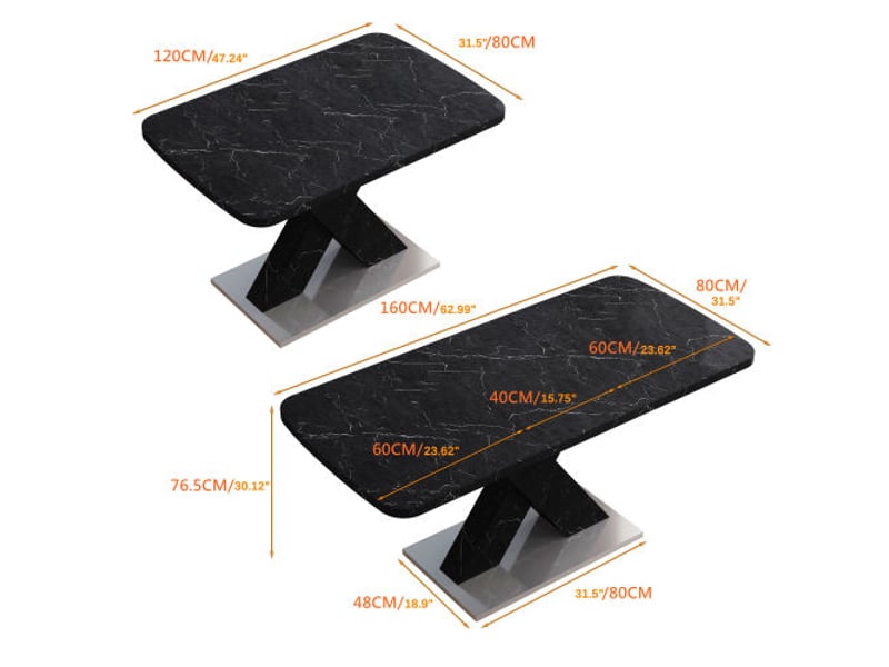  Table à manger rectangulaire moderne extensible 120–160 cm, plateau effet marbre noir, pieds en x mdf, socle métallique  - Conforama C
