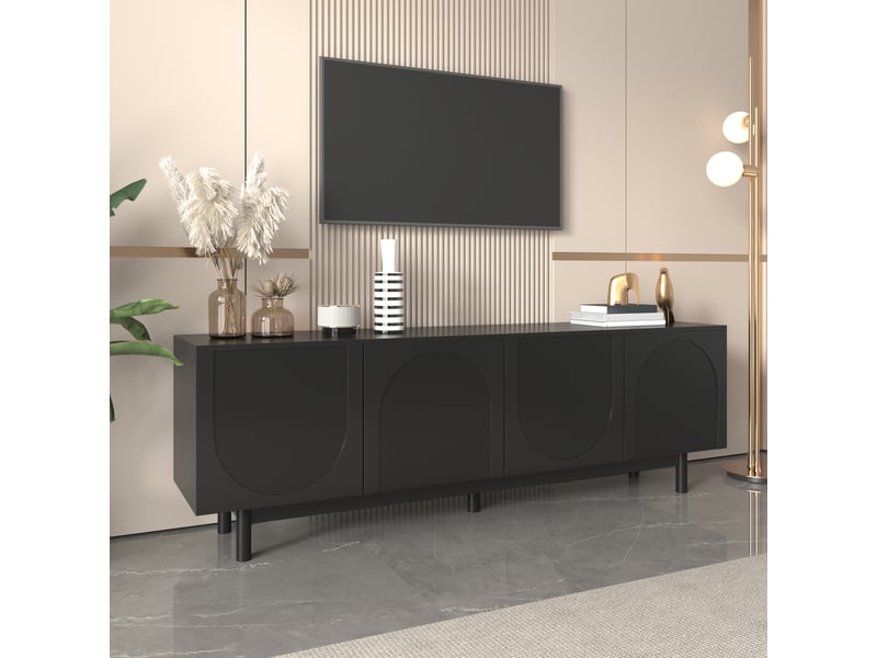  Meuble tv avec 4 portes push-open et étagères réglables pour salon 175×38×56 cm en mdf noir  - Conforama C