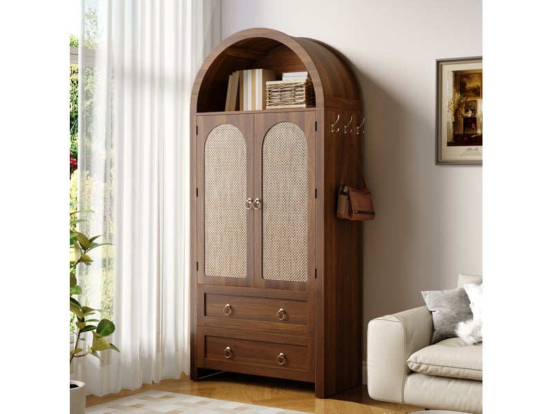  Buffet haut 80x40x180 cm avec 2 tiroirs et portes en rotin, coloris noyer  - Conforama B