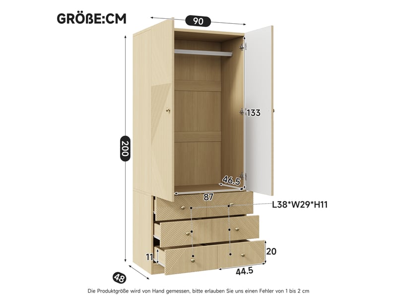  Armoire penderie haute 2 portes 90 cm avec 1 tringle et 6 tiroirs, façade géométrique, poignées dorées, structure mdf, finition effet chêne naturel  - Conforama D