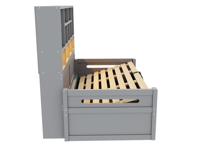  Lit banquette 1 place 90 x 200 cm en mdf gris avec coffre hydraulique, 2 tiroirs, led et prises, matelas non précisé  - Conforama E