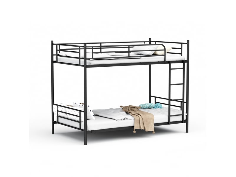  Lit superposé 90 x 190 cm en acier avec échelle et garde-corps haut, noir  - Conforama A